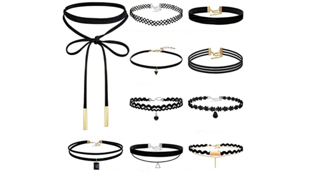 set of multiple black chokers with different styles 