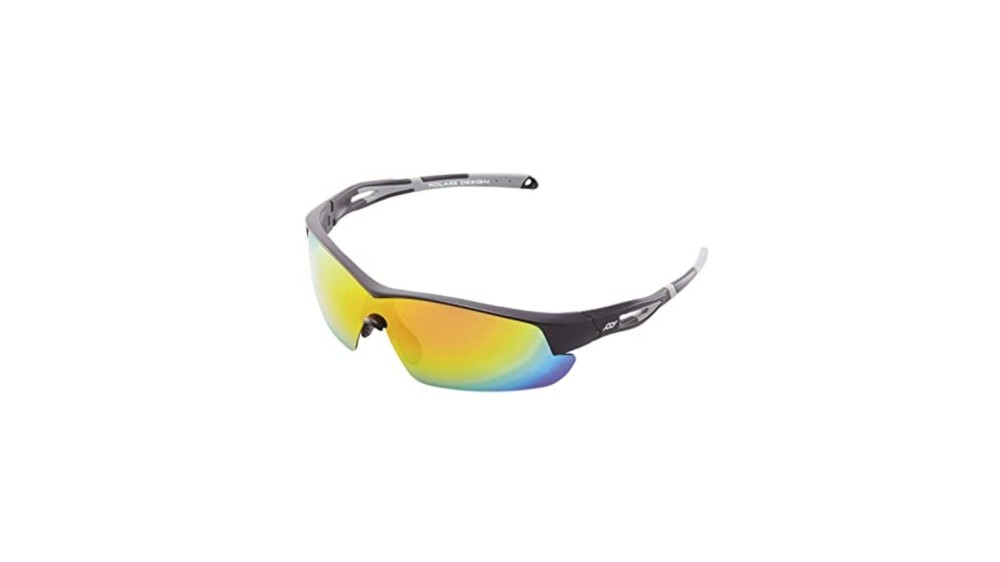 sunglasses with a gray and black frame and yellow polarized lenses