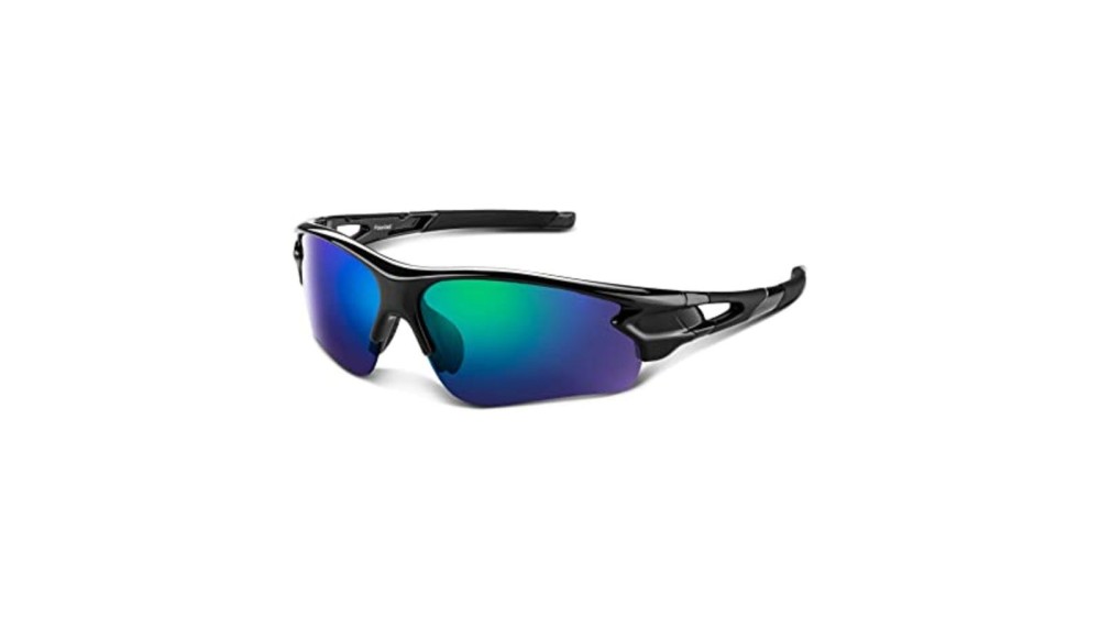 sporty sunglasses with blue lenses and a black plastic frame