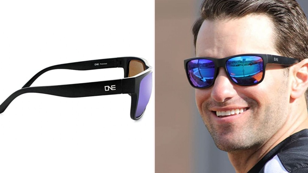 a pair of sunglasses with blue lenses shown as a side view and on a man's face