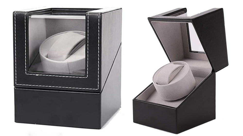 Two views of a leather watch winder closed and opened to reveal a grey interior and inner pillow.