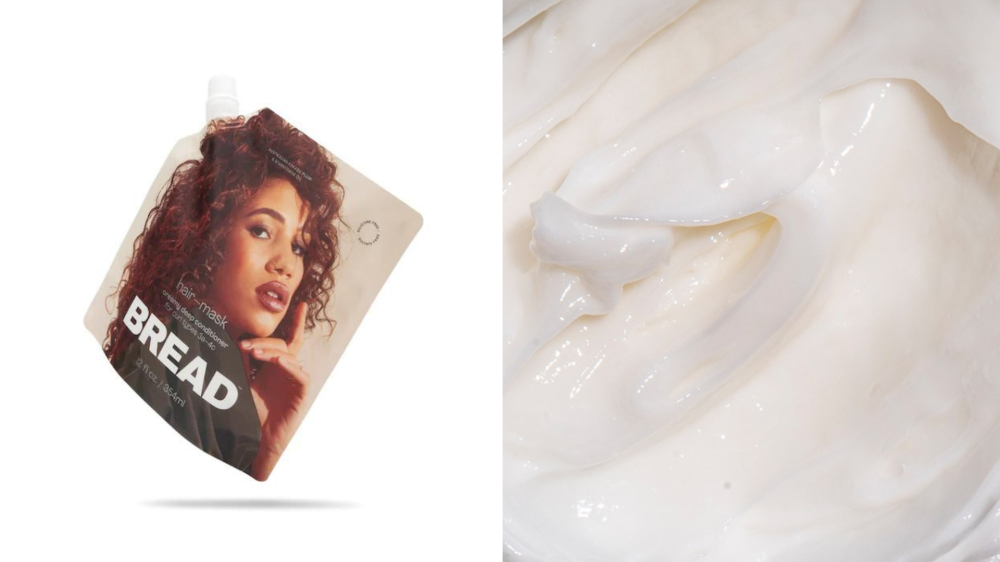 A package of hair mask features a woman with curly hair.