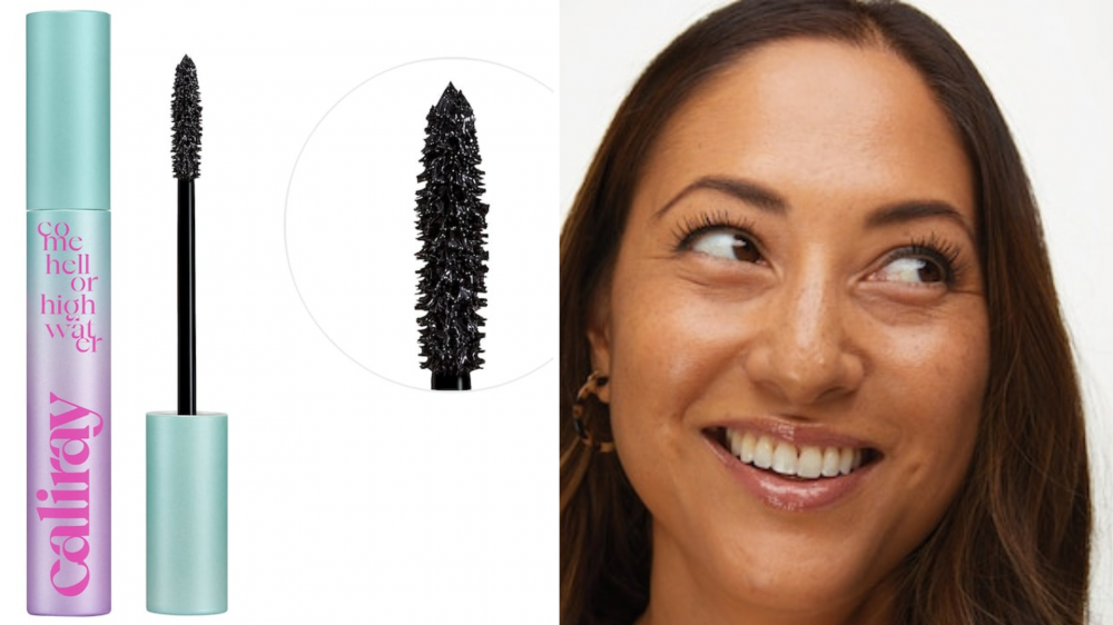 A tube of mascara is next to a close up image of a mascara wand, and a woman smiles while looking up.