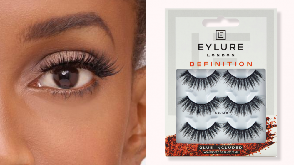 A person wears a pair of false eyelashes.