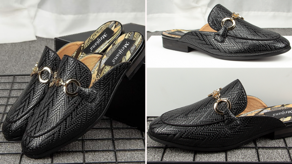 Meijiana Men's Slippers Slip-On Loafers Leather Formal Wear in black.