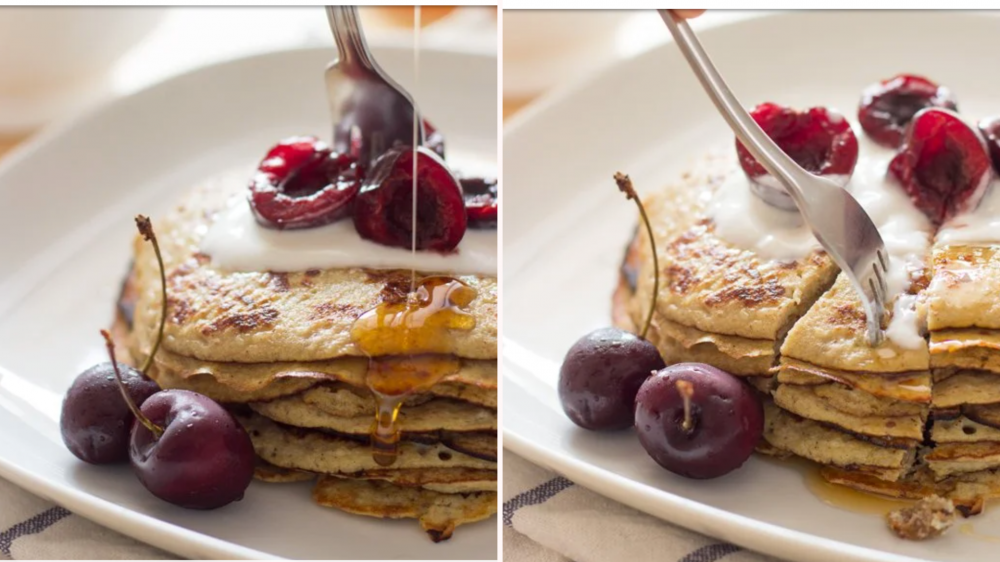 Stack of banana pancakes topped with icing, cherries, and maple syrup