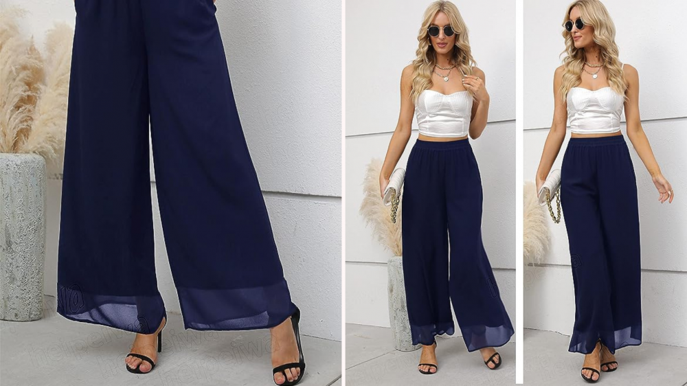 Woman wearing navy chiffon dress pants