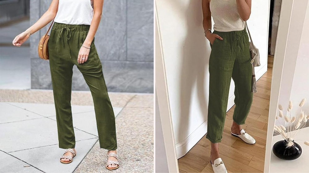 Women wearing light tops and loose-fitting olive green pants