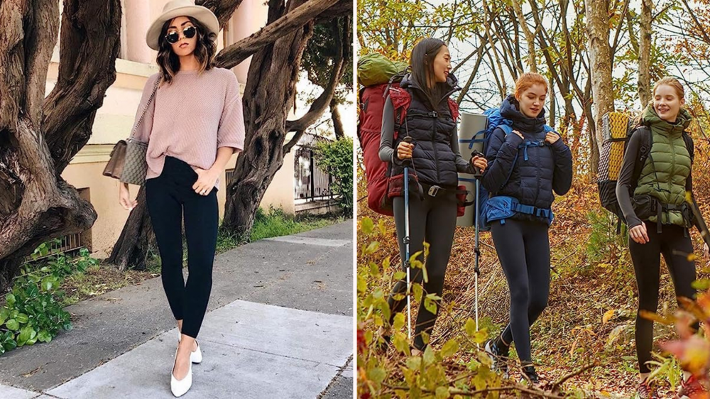 Woman wearing high-waisted leggings and heels/women hiking with leggings and vests