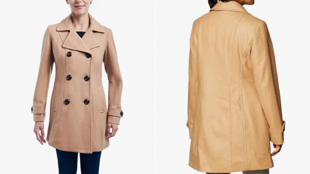 A tan women's pea coat modeled. by a woman.