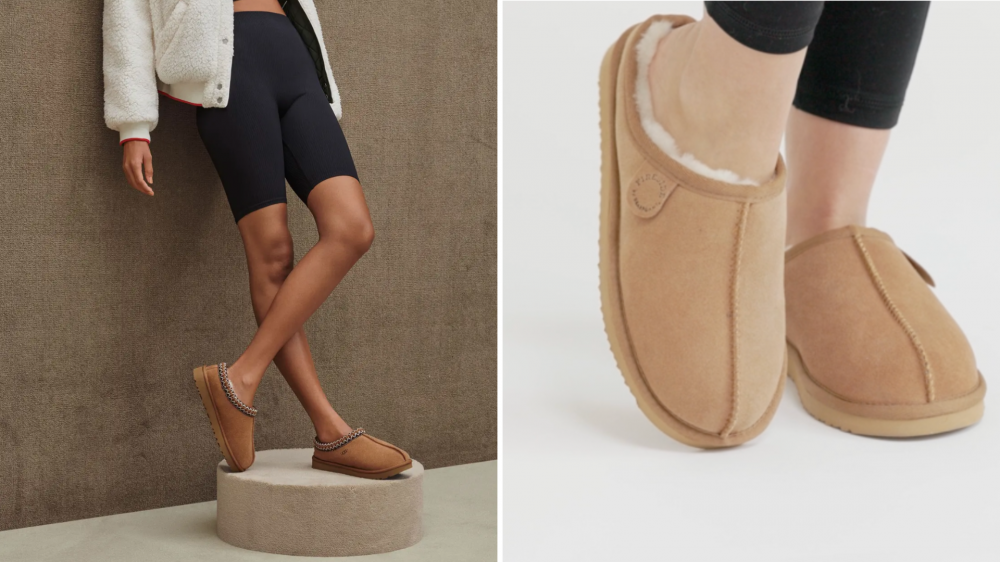 A person wears the Uggs Tasman Slippers, and a person wears the DearFoam Fireside slippers.