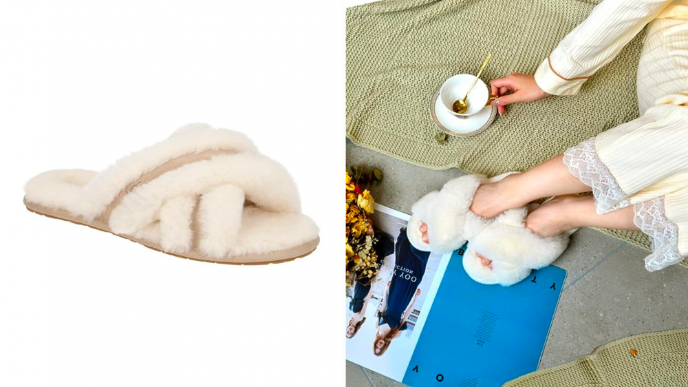 orginal ugg slipper on the left and a model posing on her bed in knock offs.