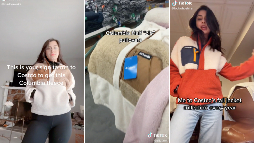 A woman wears a Costco Columbia pullover fleece, a Costco Columbia pullover fleece is on display, and a woman wears an orange Costco Columbia pullover fleece.